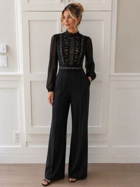 NWT Emprada Black Lace-Trim Long-Sleeve Jumpsuit